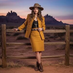 Vintage Mustard Embroidered Two-Piece Set – Size 8